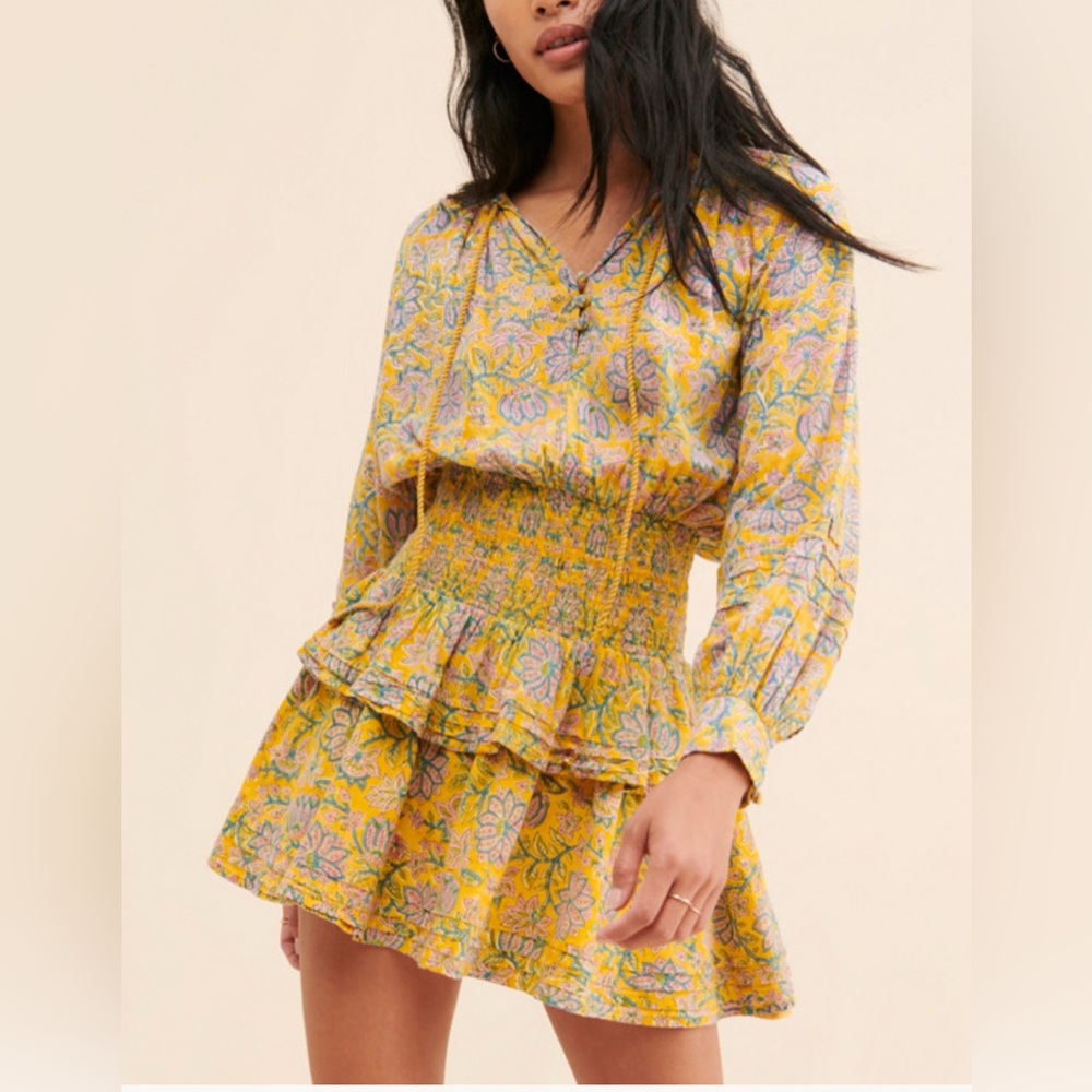 Cleobella Bianca Mini Dress - Nuuly MSRP $208 Yellow Floral Long Sleeve Ruffle
